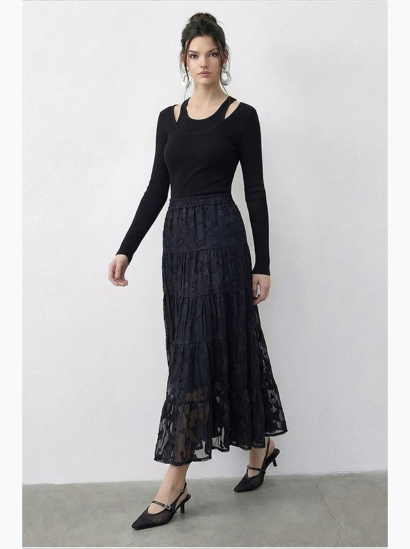 Damesrok hoge taille getextureerde maxi lucci Zwart - Kiabi