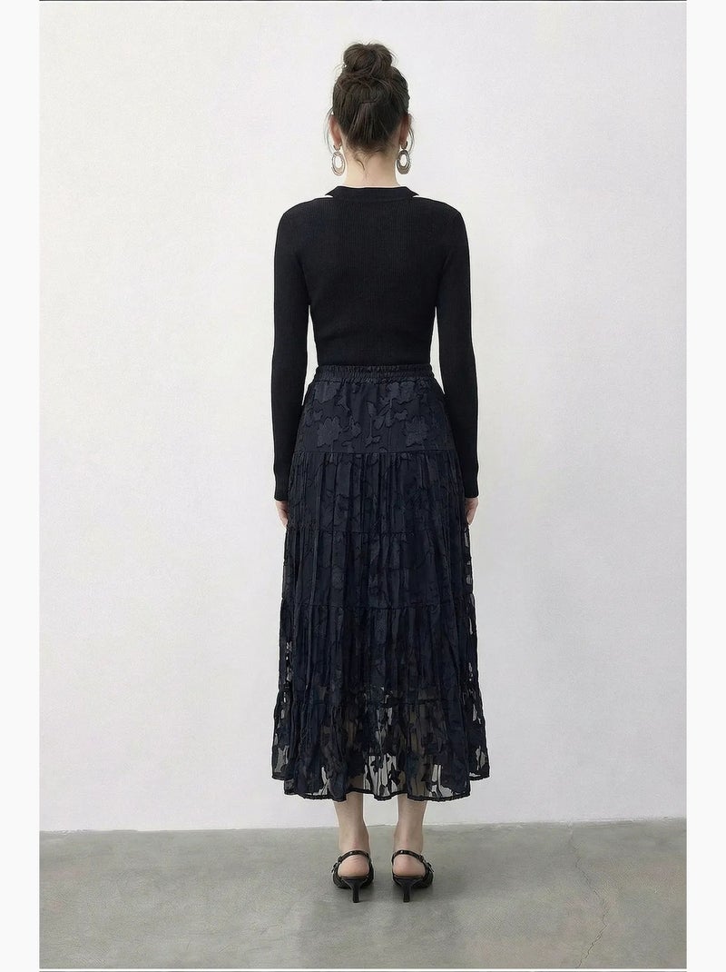 Damesrok hoge taille getextureerde maxi lucci Zwart - Kiabi