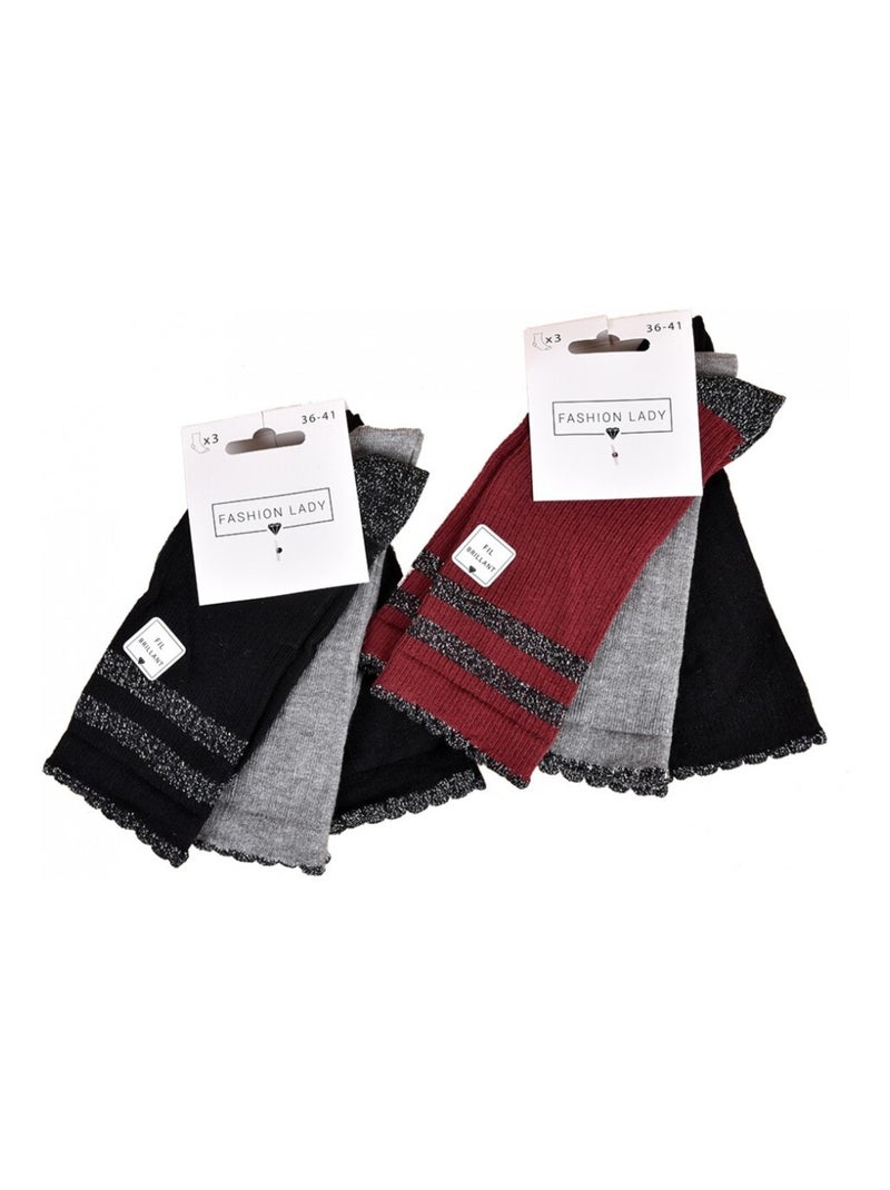 Damessokken Comfort Katoen Fantasie - Set van 6 paar Zwart Bordeaux Grijs - Kiabi