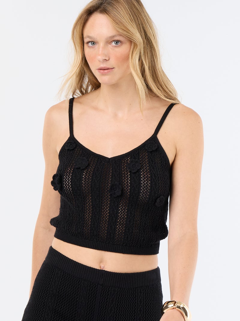 Débardeur en crochet avec fleurs brodées Noir - Kiabi
