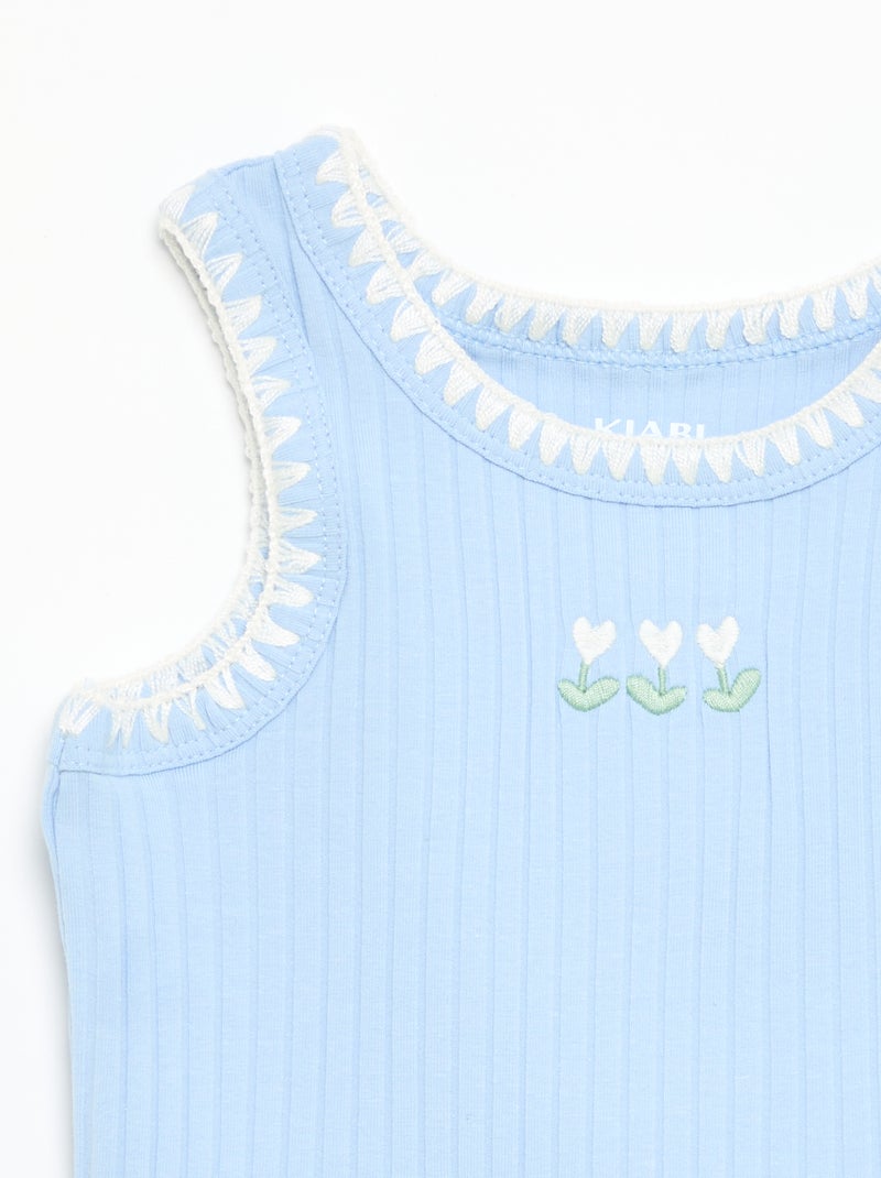 Débardeur en rib avec broderies aux emmanchures Bleu - Kiabi