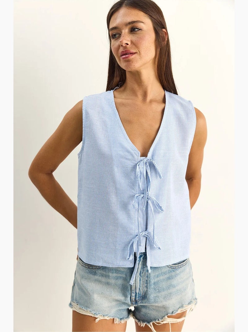 Débardeur rayé col v détail à nouer lucci Bleu pastel - Kiabi