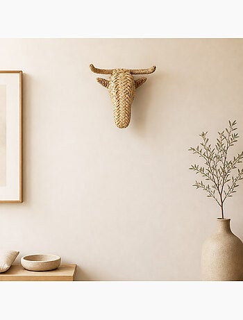Déco murale petite tête d'élan en paille