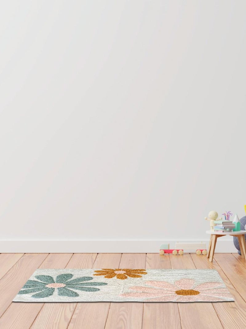 Decoratief tapijt FLOWERS van 100% getuft katoen met madeliefjes 60 x 90 cm – Future Home Wit - Kiabi
