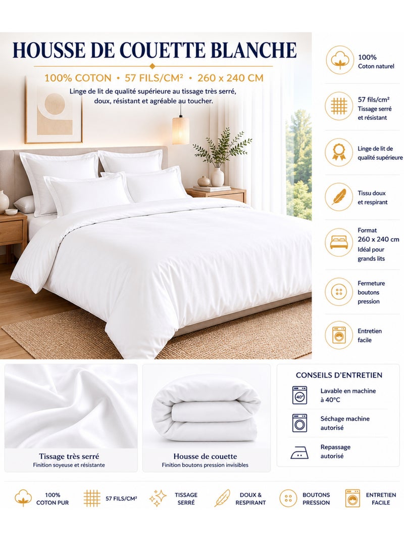 Dekbedovertrek – 100% katoen 57 draden/cm² – superieure kwaliteit Wit - Kiabi