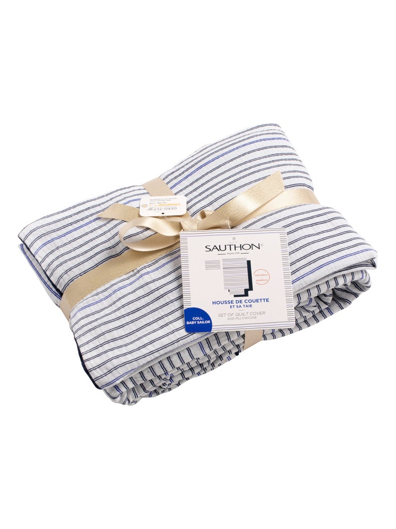 Dekbedovertrek 100x135 cm en kussensloop in marinière-stijl Wit - Kiabi