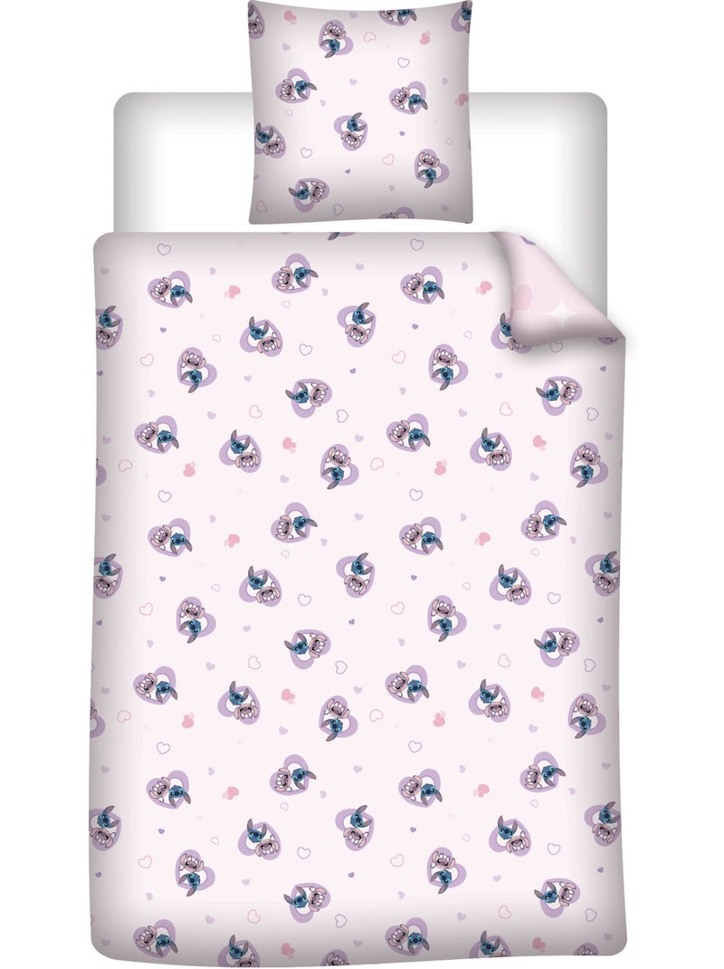 Dekbedovertrek Disney Stitch & Angel 140x200cm + Kussensloop 65x65cm – Love Roze – Polykatoe Beige/Roze - Kiabi