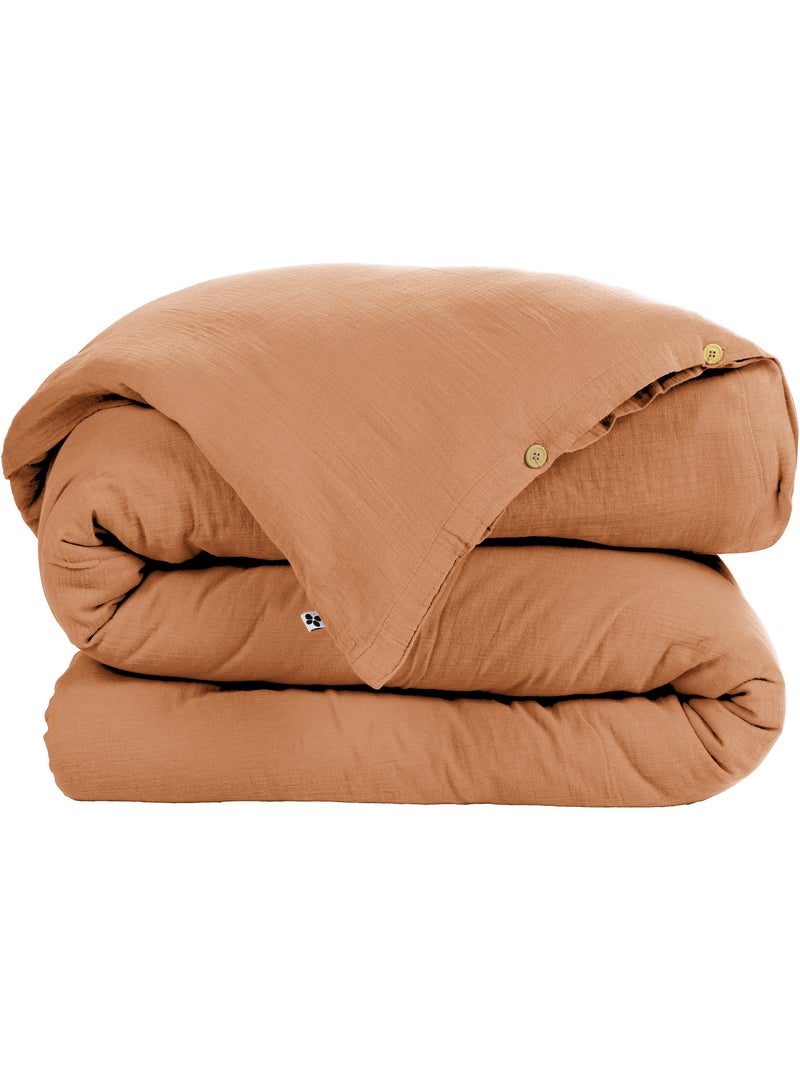 Dekbedovertrek – dubbel katoengaas - afwerking houten knopen - gaïa Abrikoos - Kiabi
