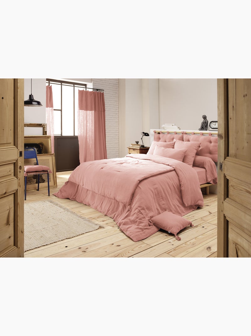Dekbedovertrek – dubbel katoengaas - afwerking houten knopen - gaïa Perzik - Kiabi