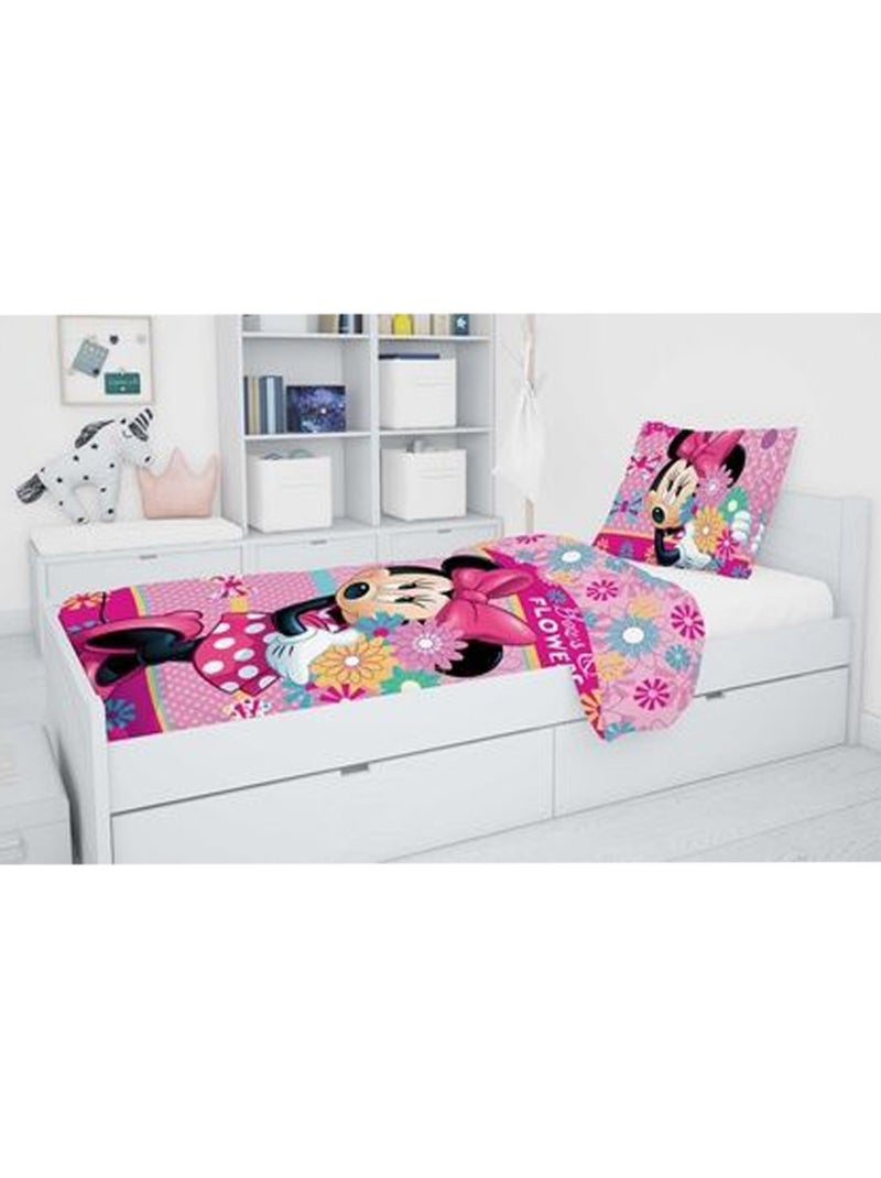 Dekbedovertrek Minnie Bloemen 140x200 cm + kussensloop - Set katoen kinderen Wit Roze Zwart - Kiabi