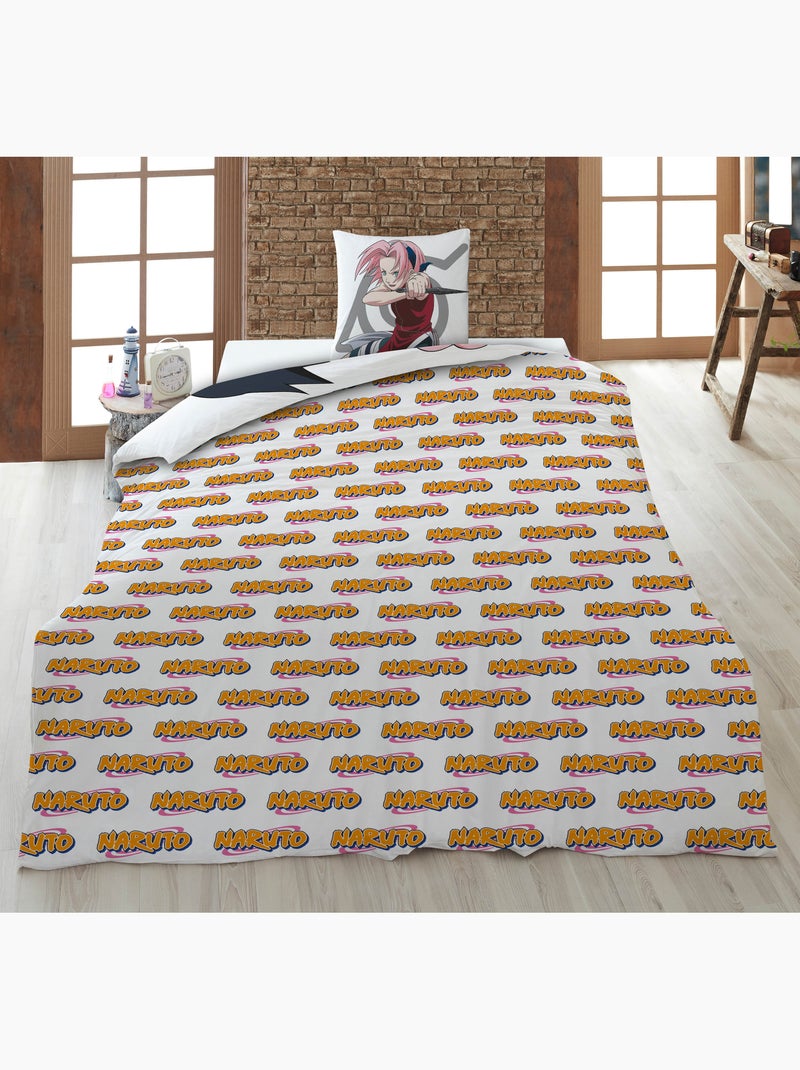 Dekbedovertrek Naruto Klassiek 140x200cm + Kussensloop 65x65cm – Team 7 Naruto Sakura Sasuke – Polyk Beige/Wit - Kiabi