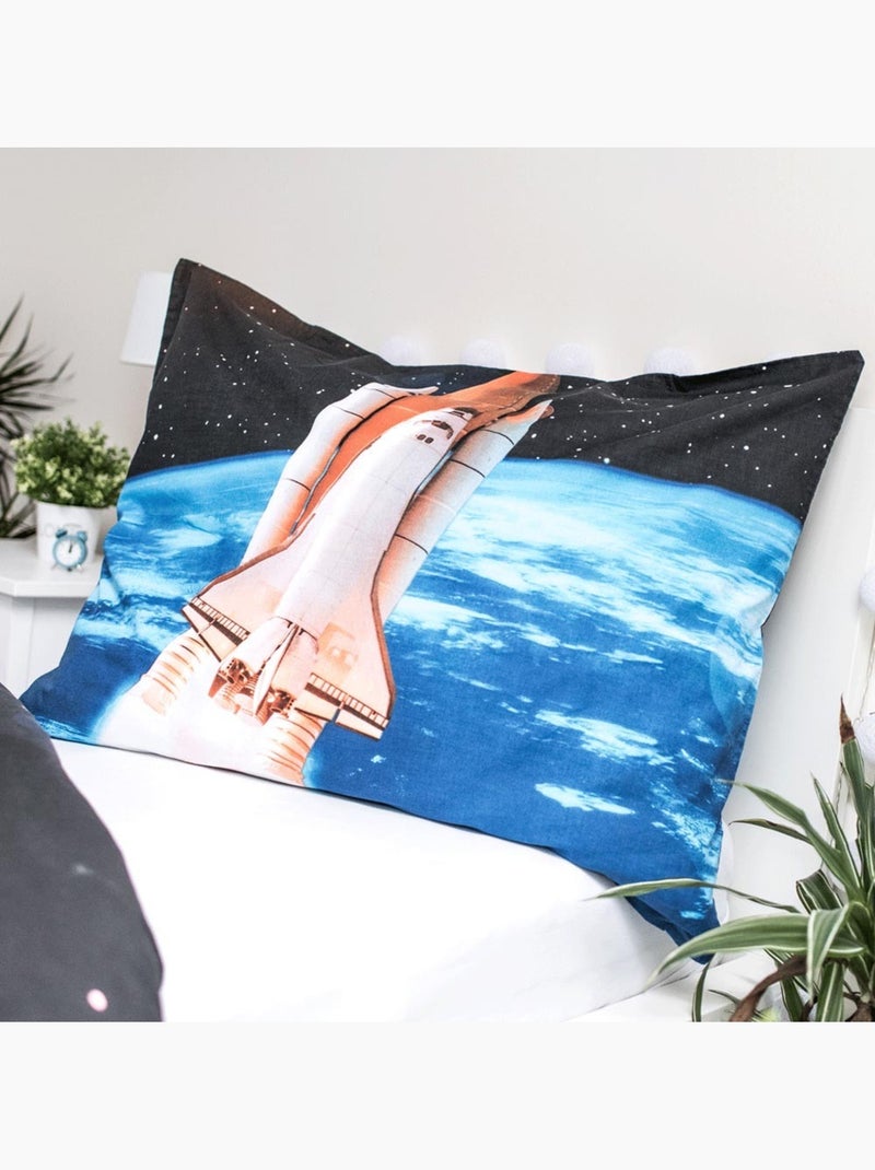 Dekbedovertrek raket 140x200 cm + kusrichtingloop – Bedrukt phosphorescent Zwart Blauw Wit - Kiabi
