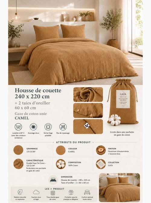 Dekbedovertrekset dubbel katoengaas gaïa + 2 kussenslopen 60x60 cm - Kiabi