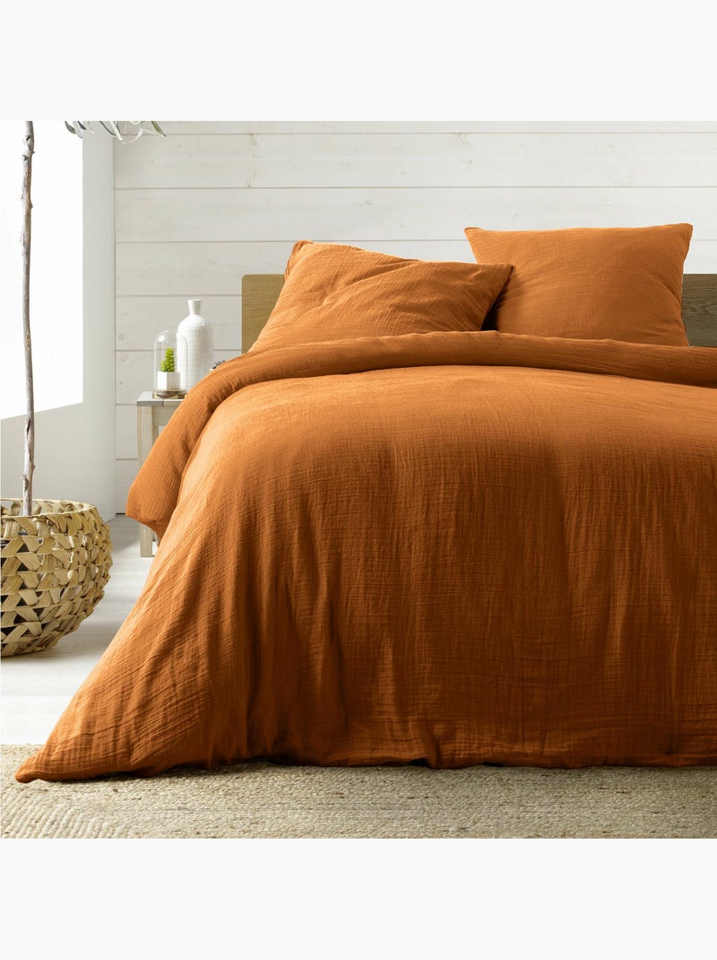Dekbedovertrekset sienna + 2 kussenslopen 63x63 cm – dubbelzijdig katoengaas & katoen 57 draden Caramelbruin - Kiabi