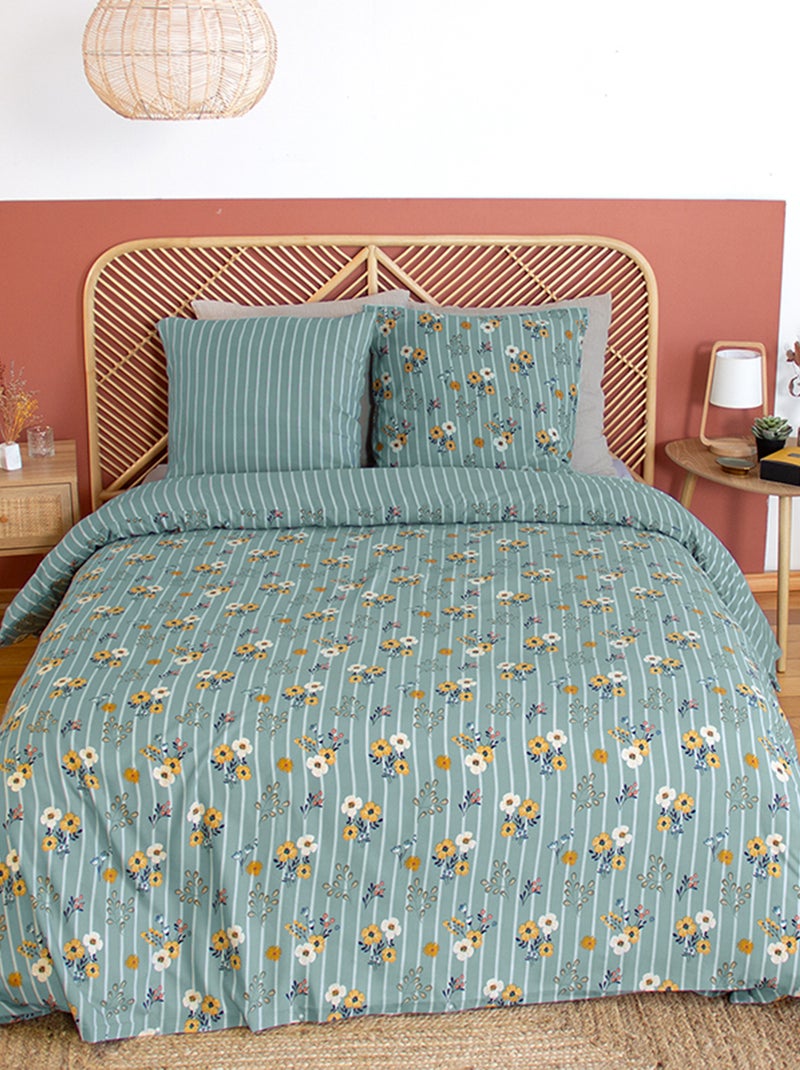 Dekbedset met bloemen- en streepjesprint - Voor 2-persoonsbed blauw - Kiabi