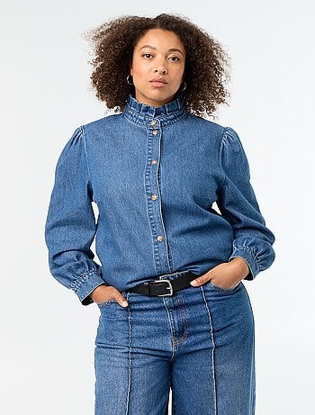 Denim blouse met opstaande kraag met ruches