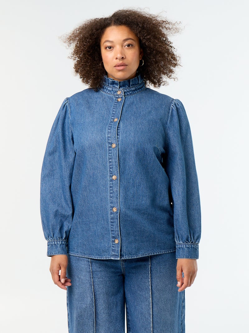 Denim blouse met opstaande kraag met ruches Blauw - Kiabi