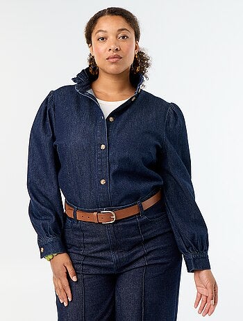 Denim blouse met opstaande kraag met ruches