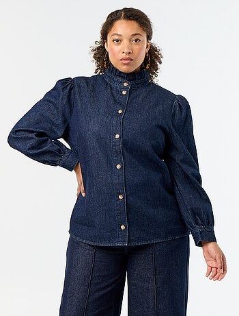 Denim blouse met opstaande kraag met ruches