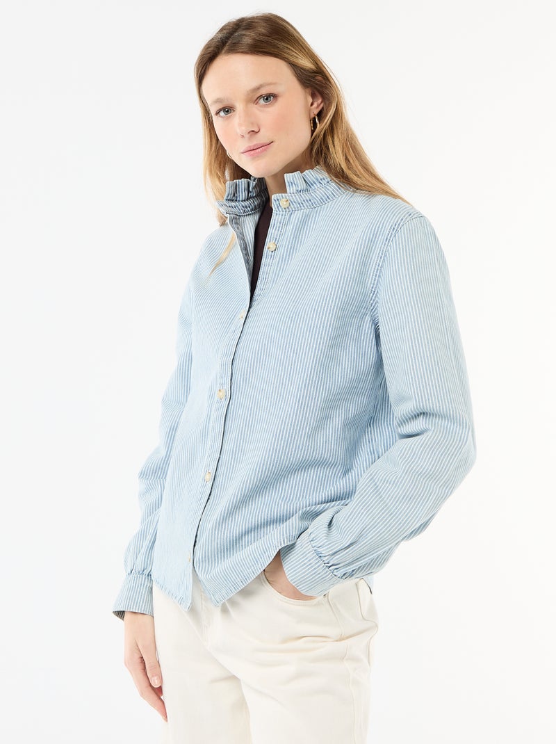 Denim blouse met volantkraag Blauw - Kiabi