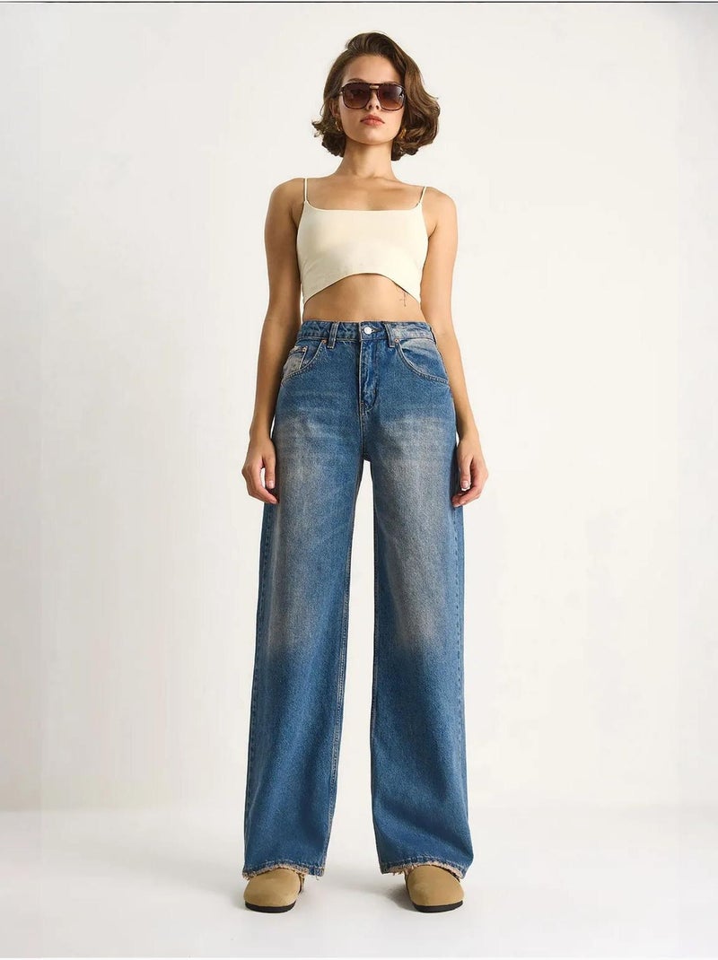 Denim broek met hoge taille en wijde pijpen lucci Lichtblauw - Kiabi