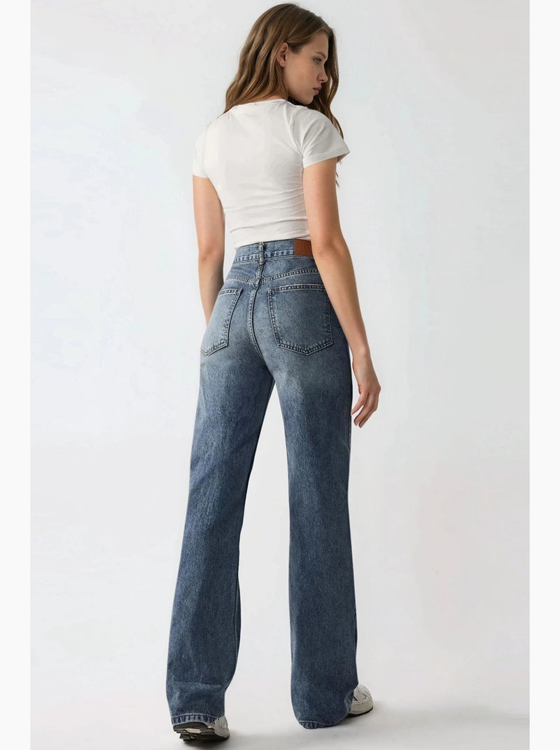 Denim jeans met normale taille en rechte pijpen hiccup Saffierblauw - Kiabi