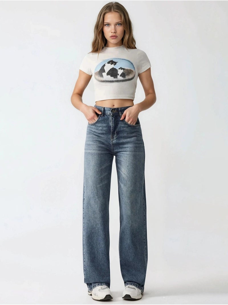 Denim jeans met normale taille en rechte pijpen hiccup Saffierblauw - Kiabi