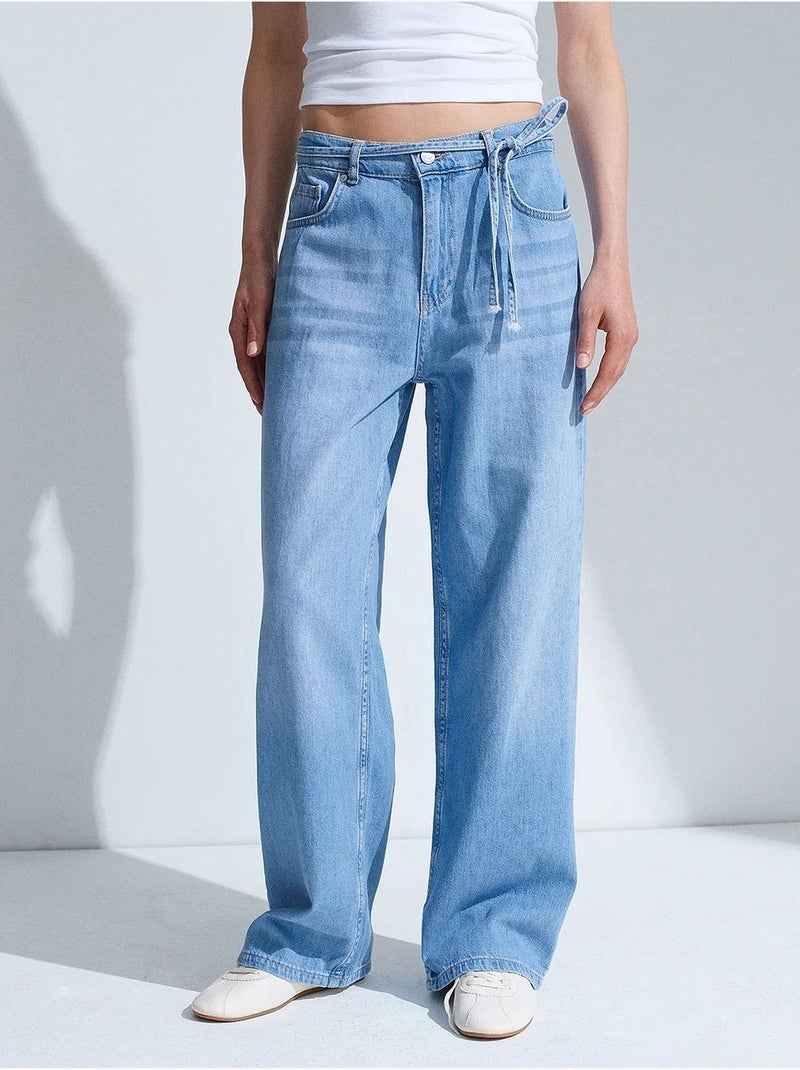 Denim jeans van katoen met hoge taille en wijde pijp dilvin Saffierblauw - Kiabi