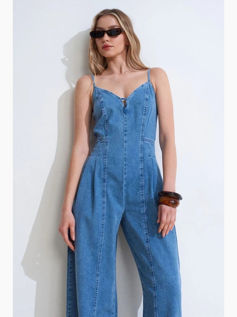 Denim jumpsuit met wijde pijpen dilvin Saffierblauw - Kiabi