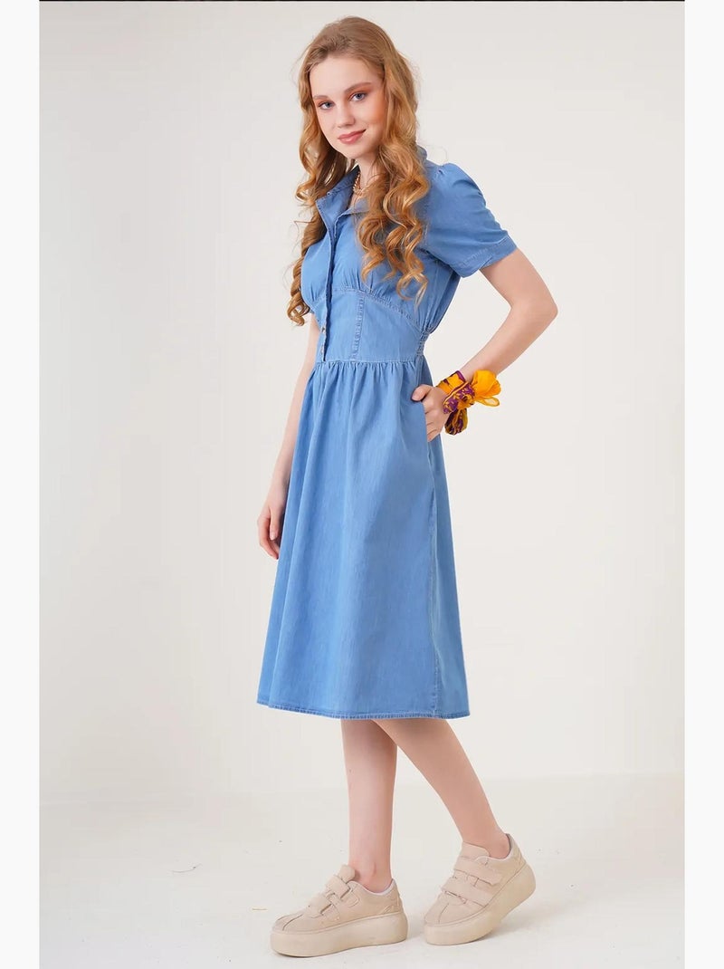 Denim midi-jurk met overhemdkraag en knoopsluiting bdart Lichtblauw - Kiabi