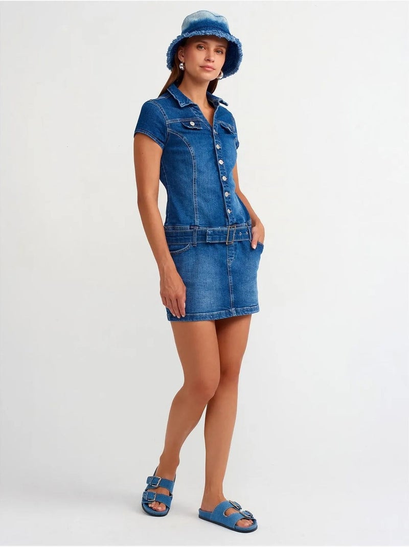 Denim mini-jurk met ceintuur dilvin Saffierblauw - Kiabi