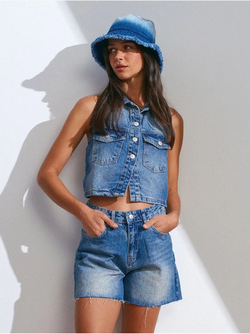 Denim short met hoge taille en knoopsluiting dilvin Lichtblauw - Kiabi