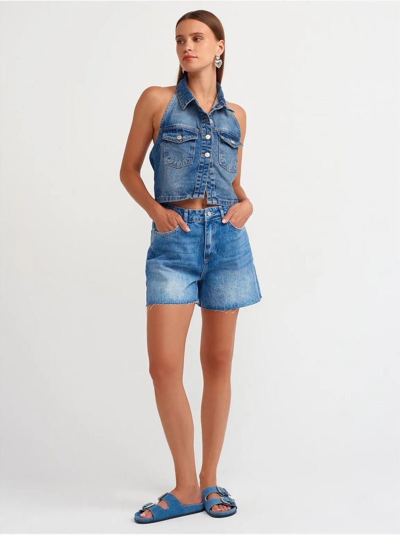 Denim short met hoge taille en knoopsluiting dilvin Saffierblauw - Kiabi