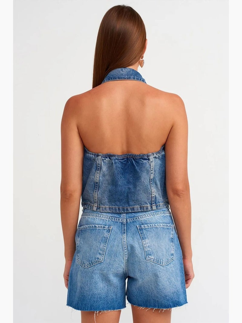 Denim short met hoge taille en knoopsluiting dilvin Saffierblauw - Kiabi