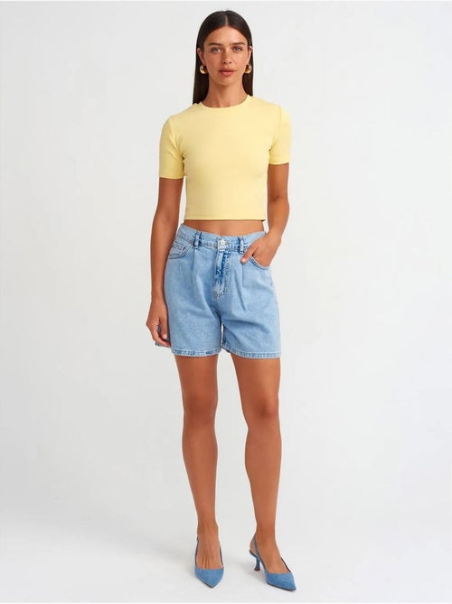 Denim short met hoge taille en wijde pijp dilvin - Kiabi Denim short met hoge taille en wijde pijp dilvin - Kiabi