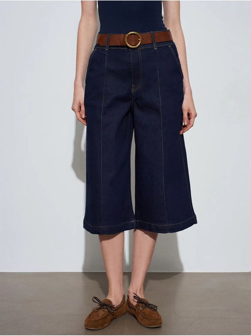 Denim short met hoge taille en wijde pijp dilvin Ultramarijnblauw - Kiabi