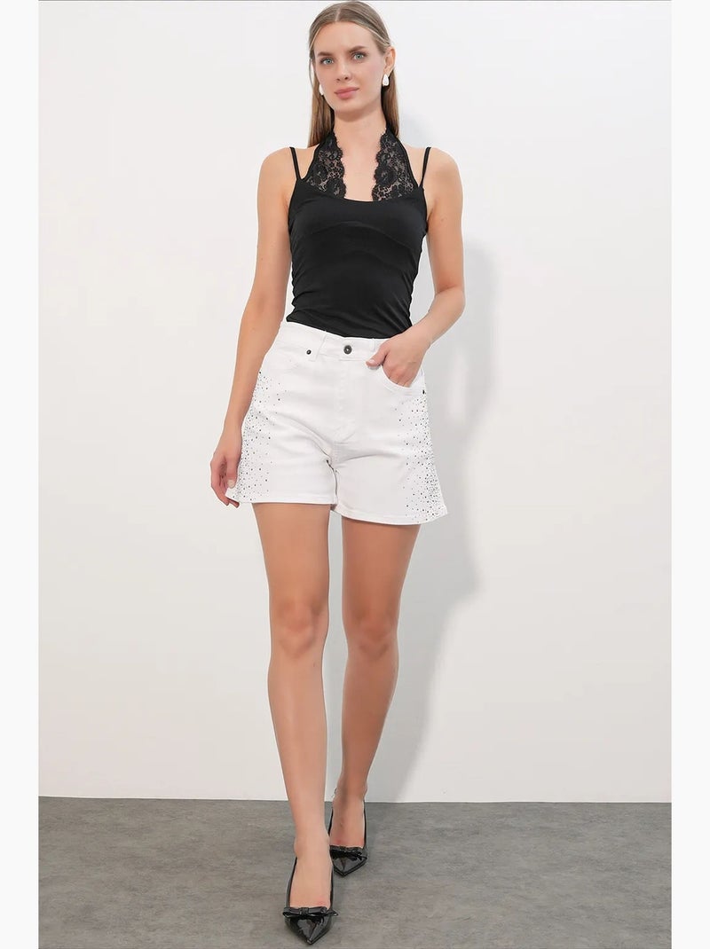 Denim short met hoge taille, stippen en riem bdart Wit - Kiabi