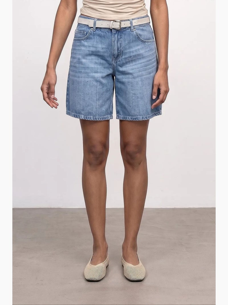 Denim short met hoge taille, wijde pijp en riem dilvin Saffierblauw - Kiabi