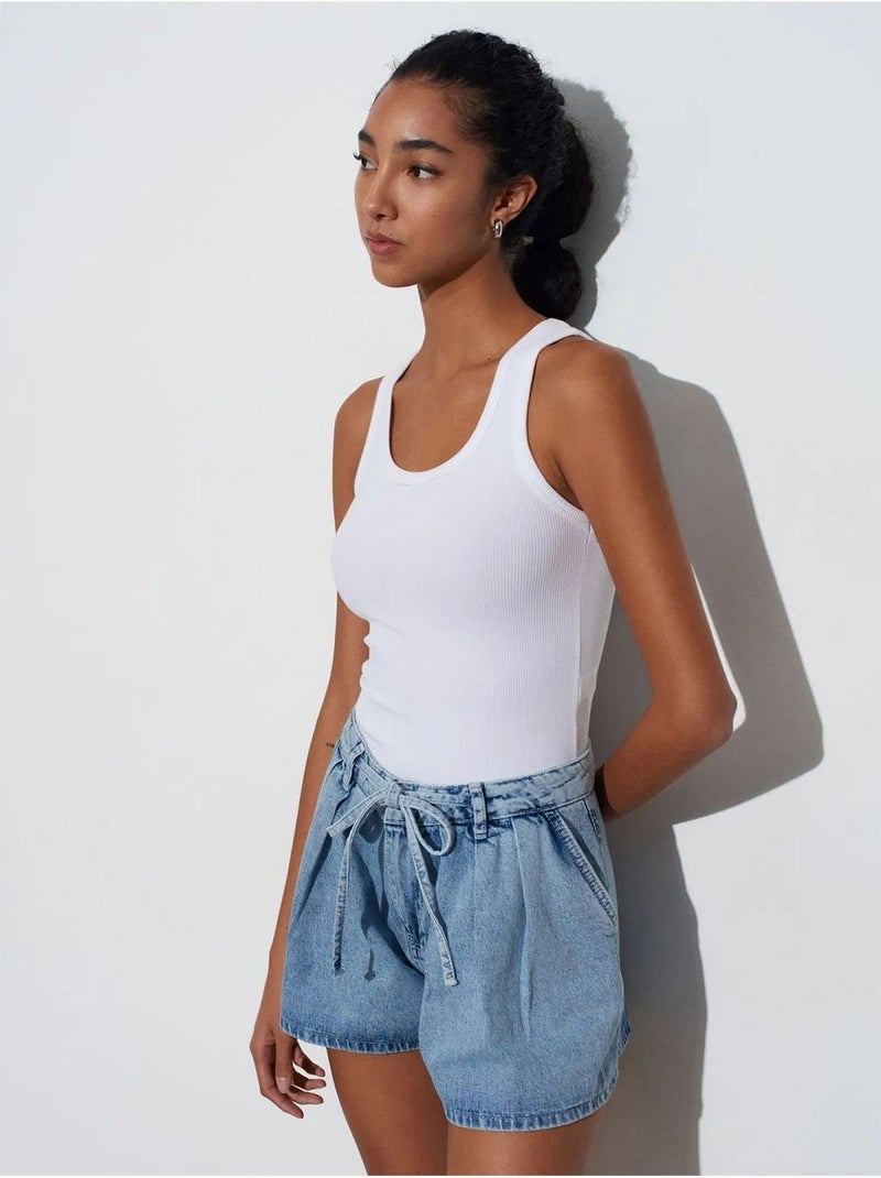 Denim short van katoen met hoge taille en wijde pijp dilvin Saffierblauw - Kiabi