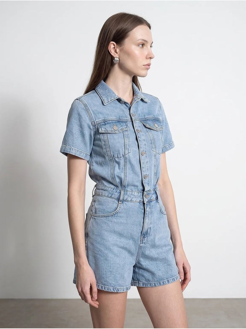 Denim tuinbroekshort met overhemdkraag dilvin Lichtblauw - Kiabi