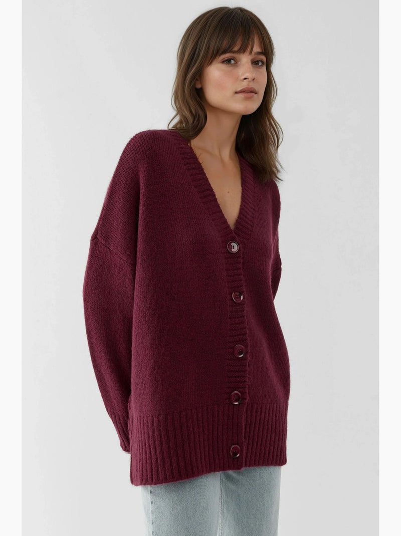 Dik gebreid vest met v-hals hiccup Bordeauxrood - Kiabi