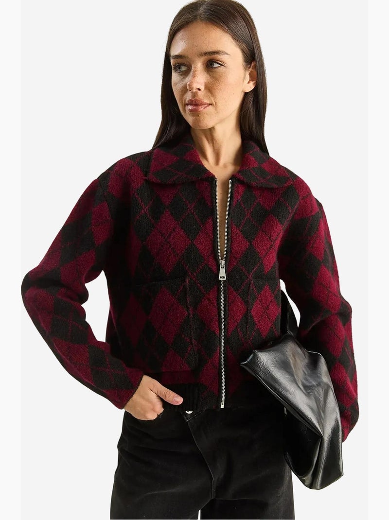 Dik jacquardgebreid vest met rits lucci Bordeauxrood - Kiabi