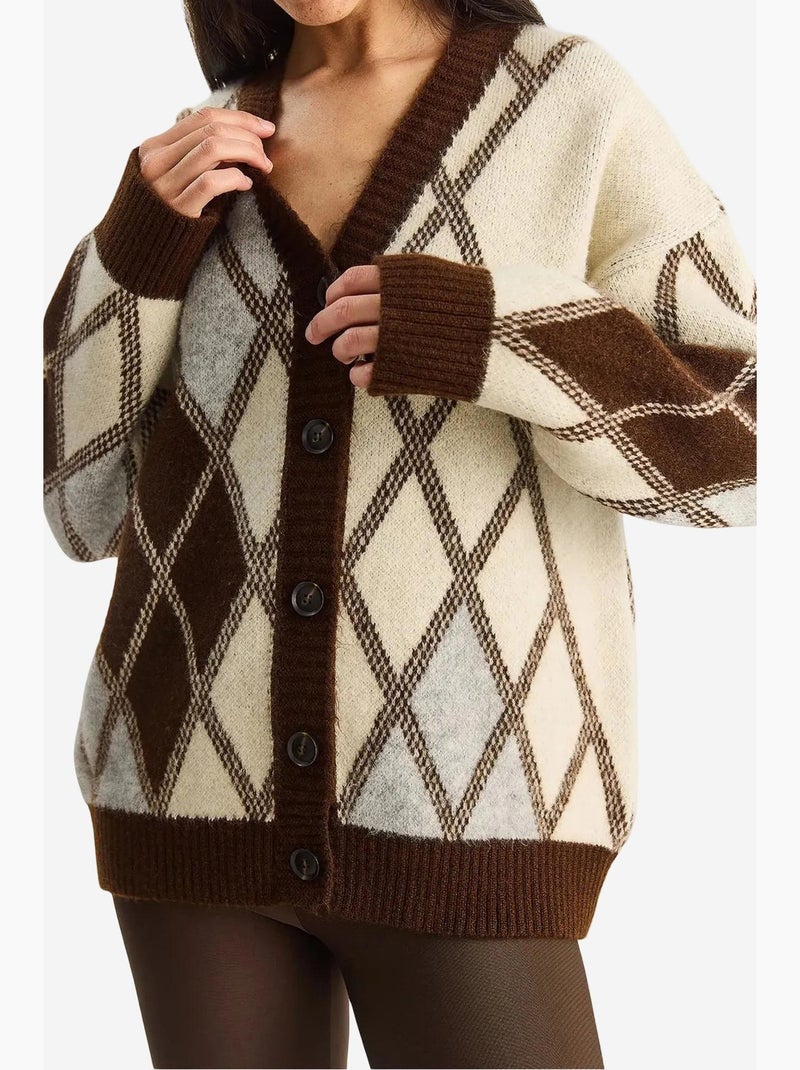 Dik jacquardgebreid vest met v-hals en knoopsluiting lucci Natuurlijk beige - Kiabi