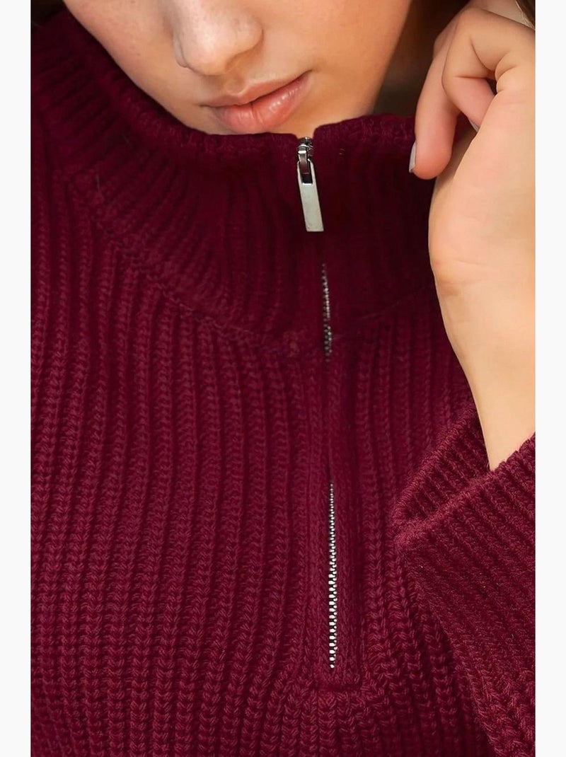 Dikke gebreide cropped trui met ritskraag hiccup Bordeauxrood - Kiabi