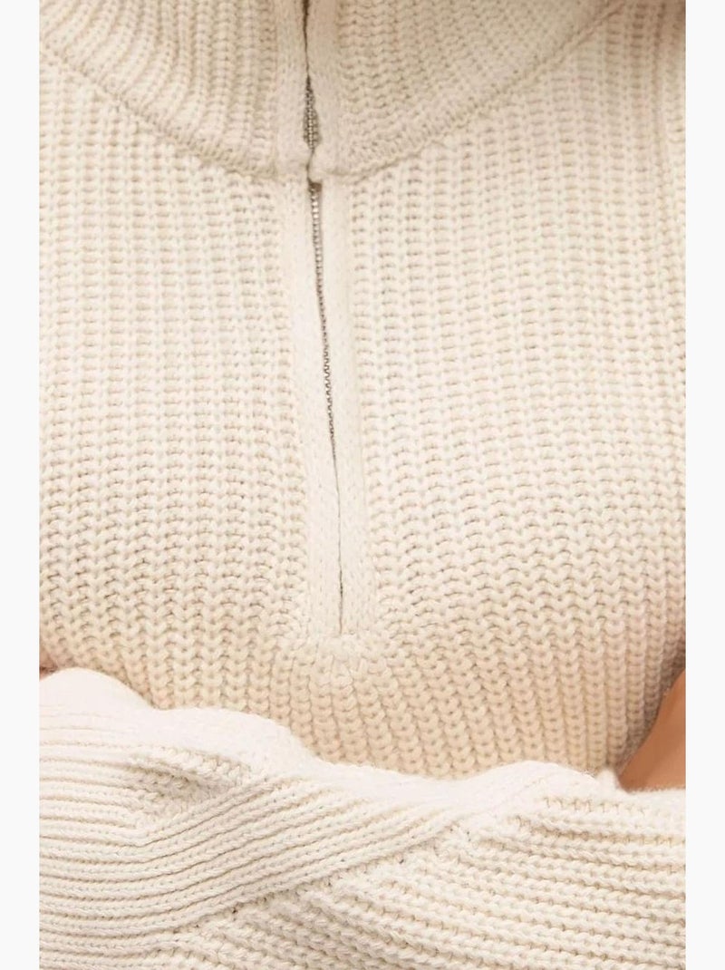 Dikke gebreide cropped trui met ritskraag hiccup Ivoor - Kiabi