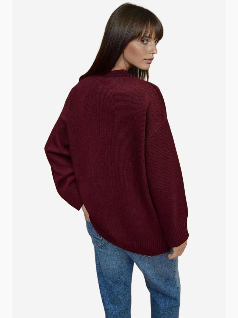 Dikke gebreide lange trui met ronde hals hiccup Bordeauxrood - Kiabi