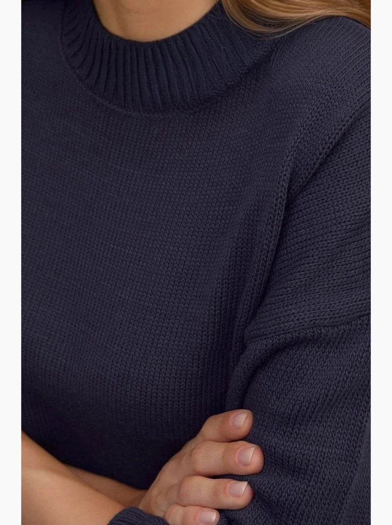 Dikke gebreide lange trui met ronde hals hiccup Donkerblauw - Kiabi