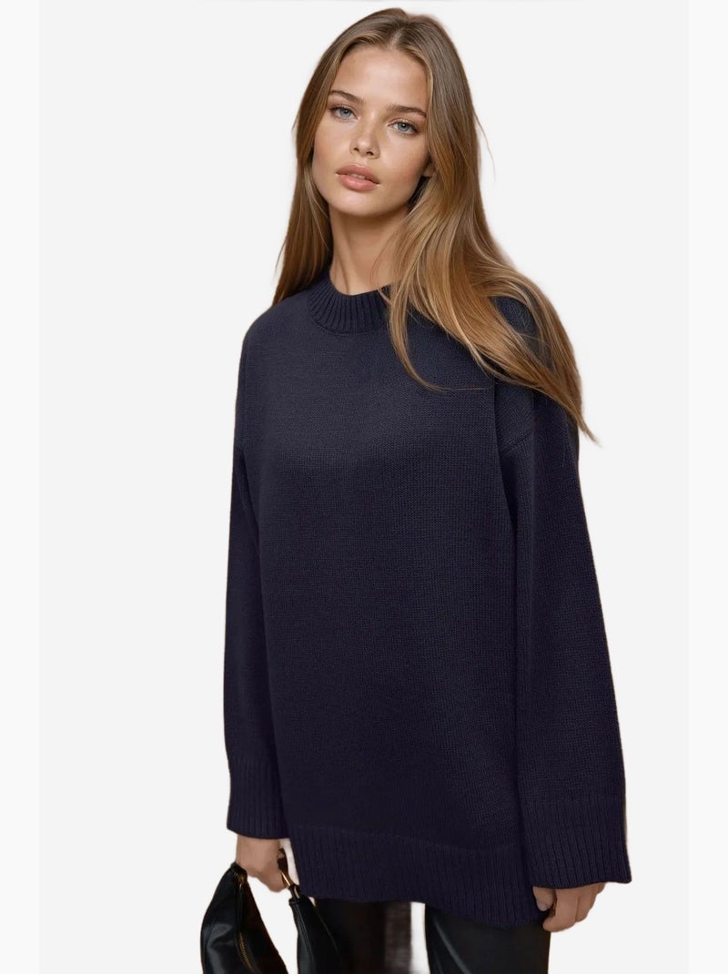 Dikke gebreide lange trui met ronde hals hiccup Donkerblauw - Kiabi