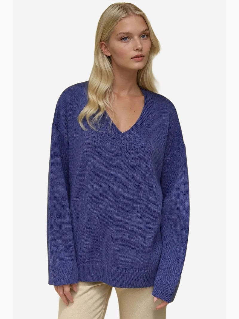 Dikke gebreide trui met v-hals hiccup Blauw - Kiabi