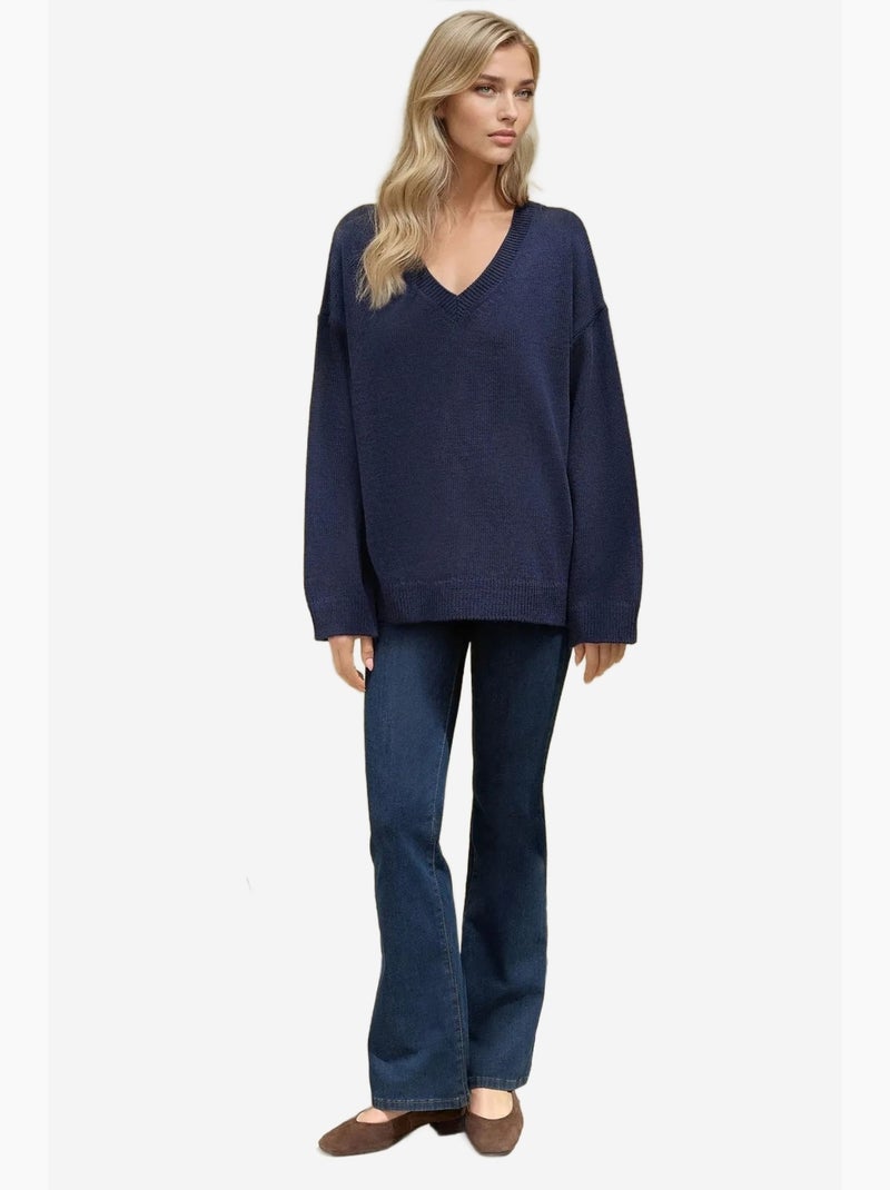 Dikke gebreide trui met v-hals hiccup Donkerblauw - Kiabi